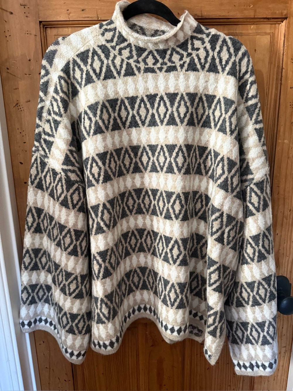 Vince Camuto Fair Isle Cozy Geometric Mock Neck Sweater - Cream & Gray